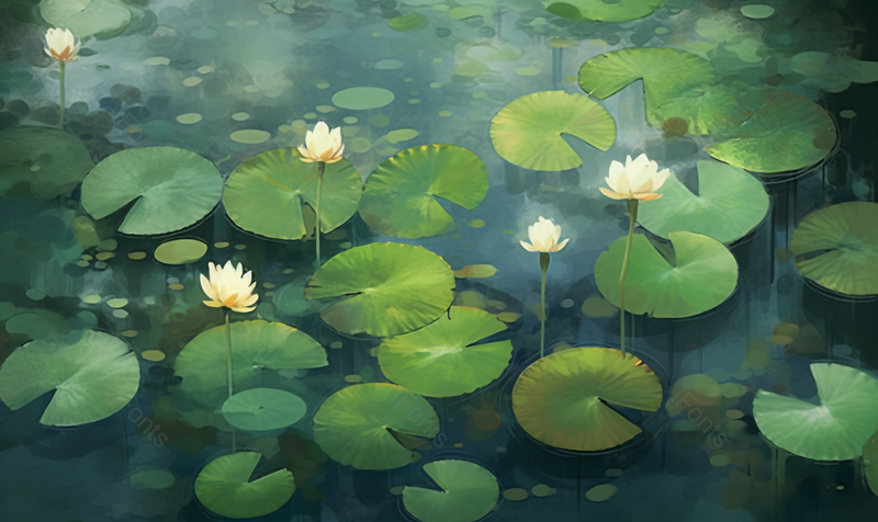 夏天唯美水面上的睡莲荷花池插画背景,插画/手绘图,插画/手绘图库,插画/手绘图下载,插画/手绘